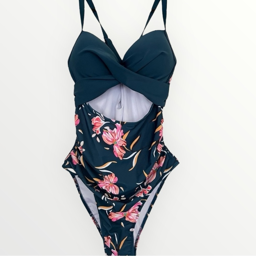 Floral Swimsuit Open Front & Adjustable Straps One Piece